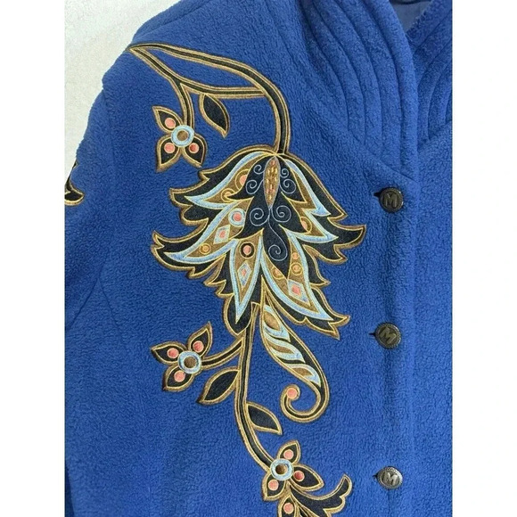 BOB MACKIE Wearable Art Fleece Jacket Blue Embroidered Floral Large Soft Office - Picture 8 of 12